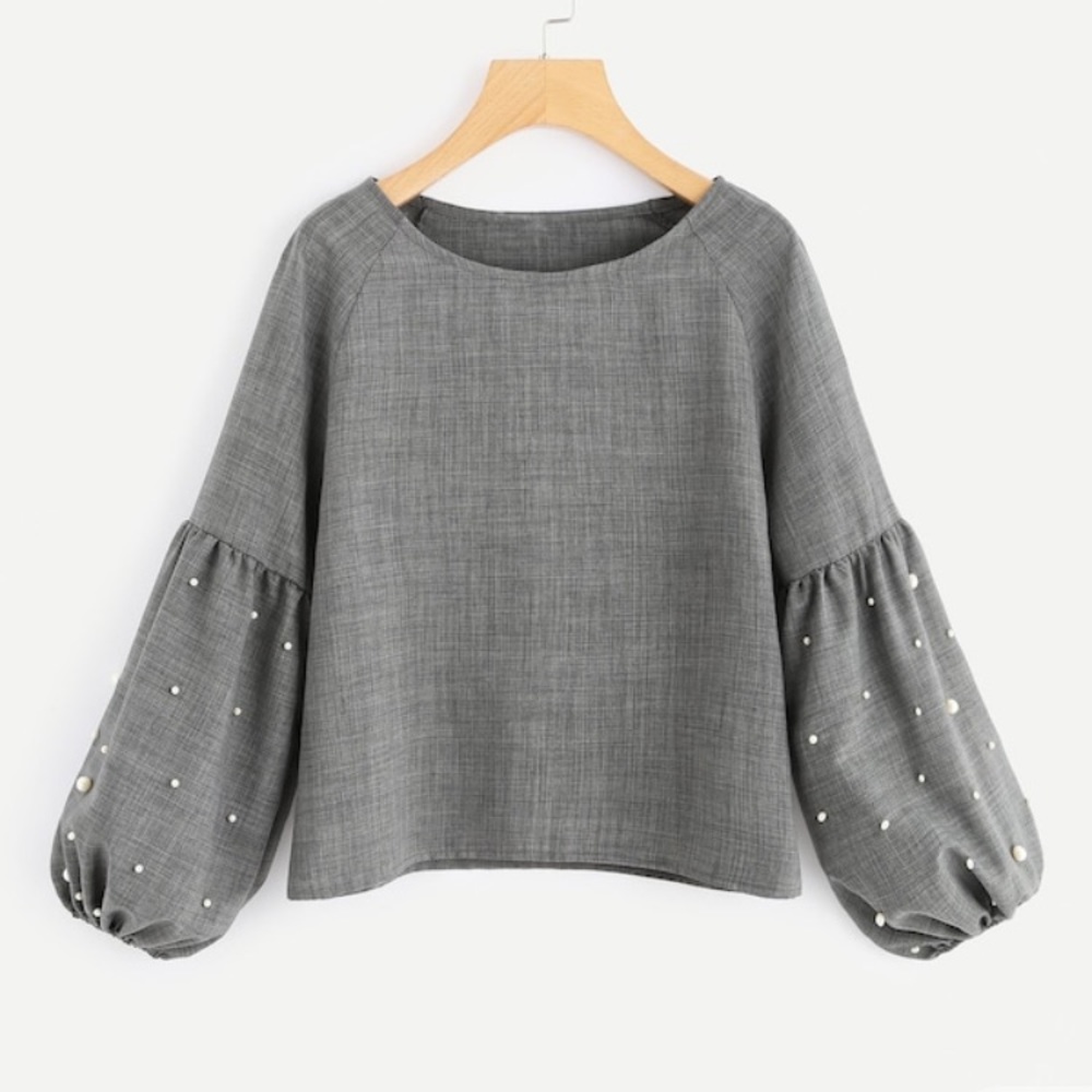 Lantern Sleeve Pearl Beaded Blouse